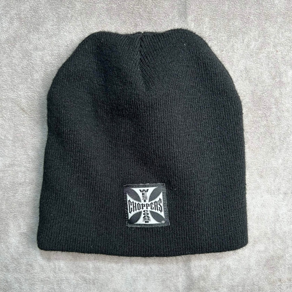 Vtg West Coast Choppers Black Beanie Iron Cross In God We Trust Biker Hat Mens